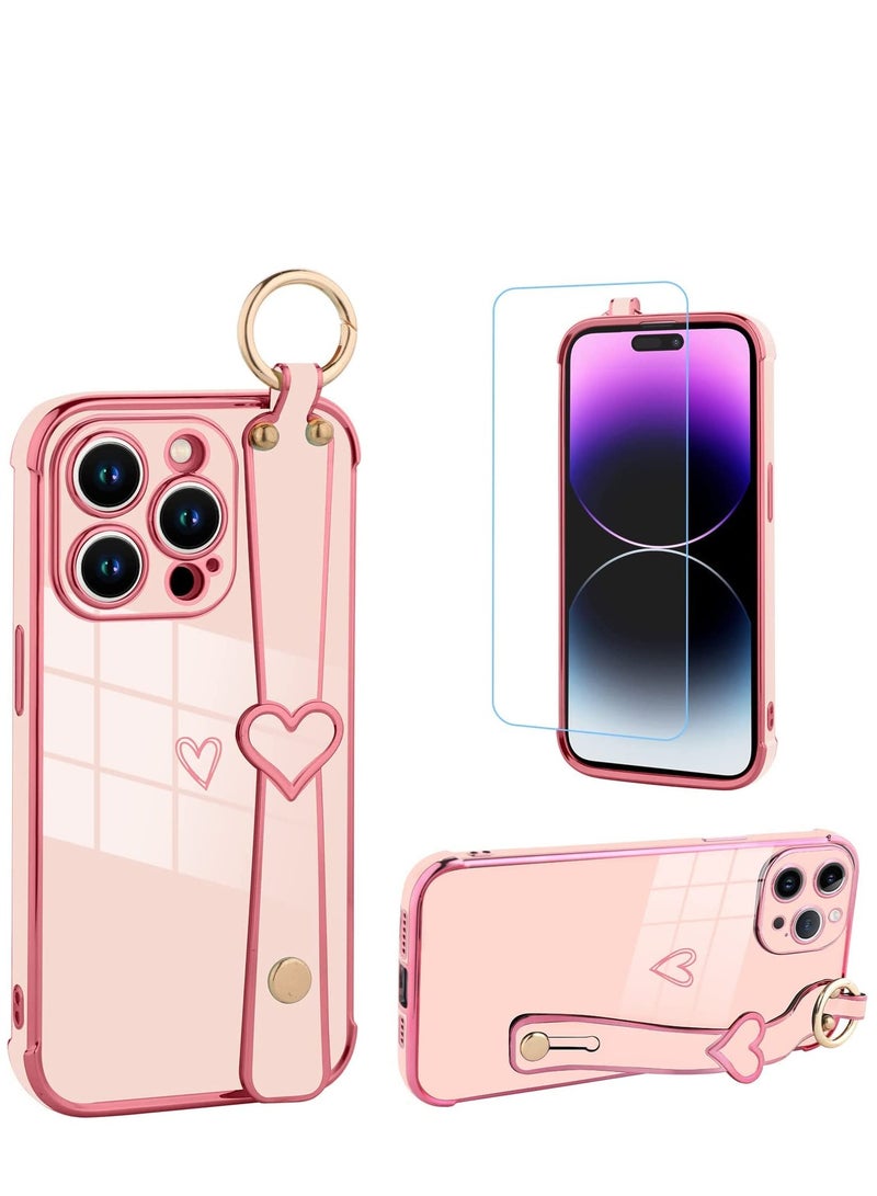 Excefore جراب وردي لهاتف iPhone 14 Pro Max مع حامل حزام الإصبع بتصميم قلب لامع لطيف غطاء هاتف مقاوم للصدمات ناعم من مادة TPU غطاء واقٍ رفيع لهاتف iPhone 14 Pro Max وردي - Image 1