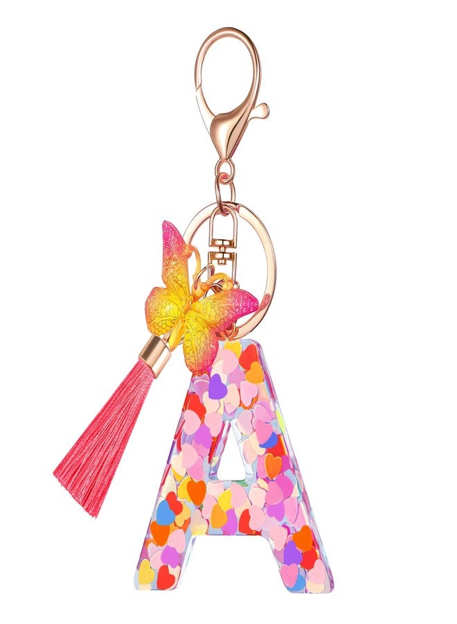 Suweibuke Colourful Cute Initial Letter Keychains for Women Girls with Tassel Butterfly, Charm for Purse Backpacks Handbags Schoolbags (Colorful Pink-A) - Image 1