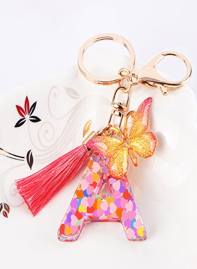 Suweibuke Colourful Cute Initial Letter Keychains for Women Girls with Tassel Butterfly, Charm for Purse Backpacks Handbags Schoolbags (Colorful Pink-A) - Image 2