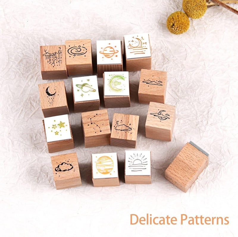 RISYPISY 16PCS Moon Wood Rubber Stamps, Vintage Decorative Wooden Stamp for Crafts, Scrapbooks, Journals - Image 2