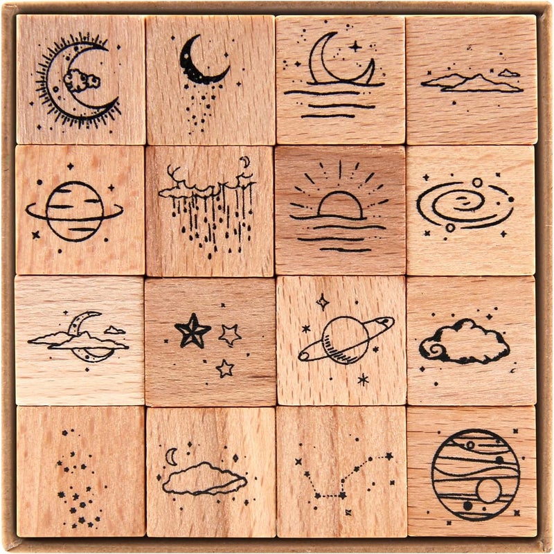 RISYPISY 16PCS Moon Wood Rubber Stamps, Vintage Decorative Wooden Stamp for Crafts, Scrapbooks, Journals - Image 1