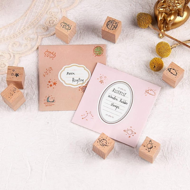 RISYPISY 16PCS Moon Wood Rubber Stamps, Vintage Decorative Wooden Stamp for Crafts, Scrapbooks, Journals - Image 5