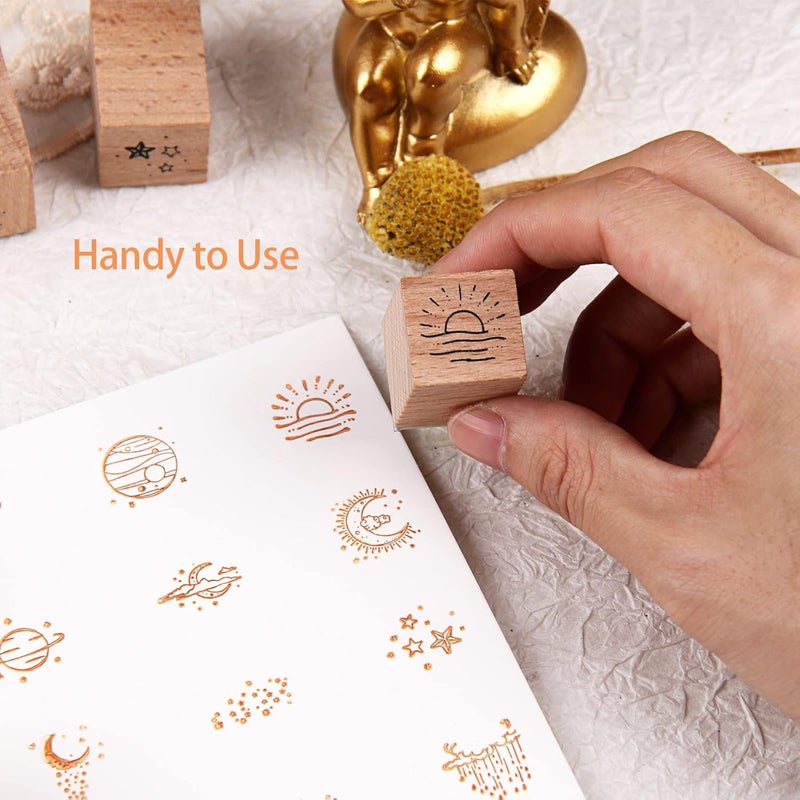 RISYPISY 16PCS Moon Wood Rubber Stamps, Vintage Decorative Wooden Stamp for Crafts, Scrapbooks, Journals - Image 3