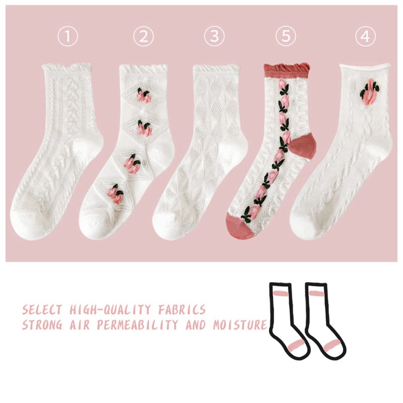 jecvxor 5 Pairs Women's Mid Socks Set, Pink and White Thin Knitted Breathable Ankle Socks, Floral Spring Summer Mid Crew Socks - Image 5