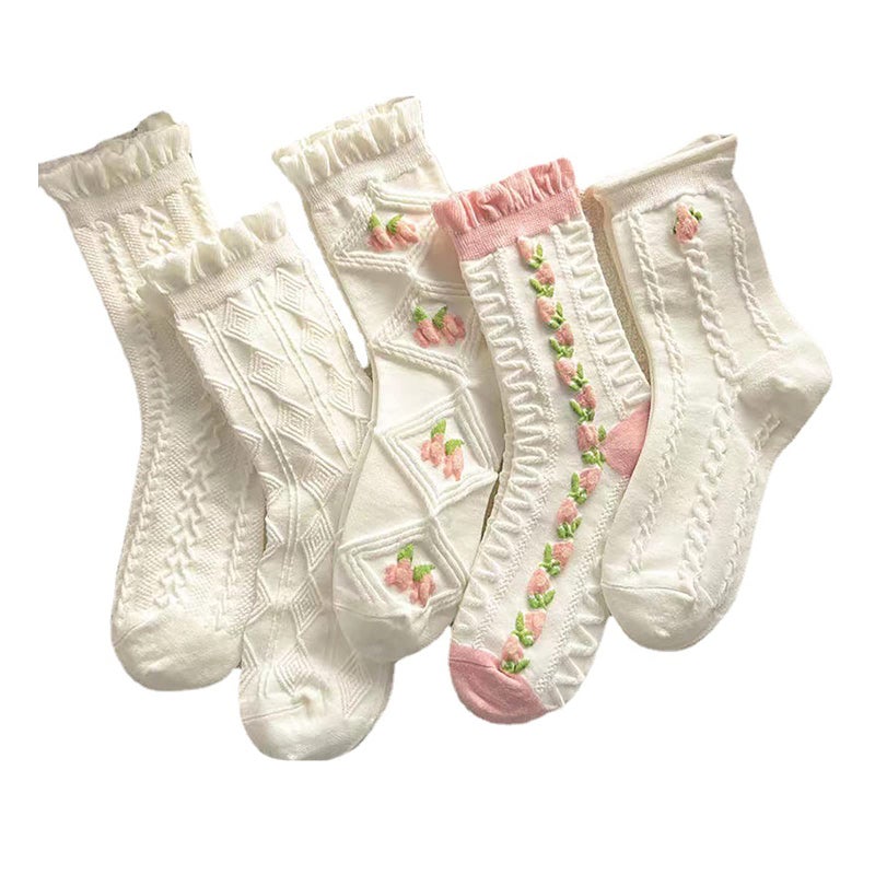 jecvxor 5 Pairs Women's Mid Socks Set, Pink and White Thin Knitted Breathable Ankle Socks, Floral Spring Summer Mid Crew Socks - Image 1