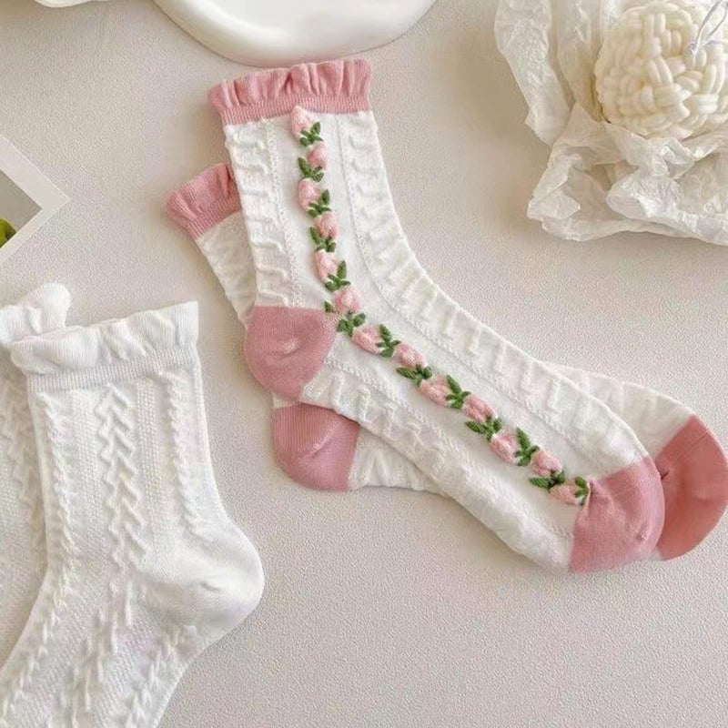 jecvxor 5 Pairs Women's Mid Socks Set, Pink and White Thin Knitted Breathable Ankle Socks, Floral Spring Summer Mid Crew Socks - Image 2