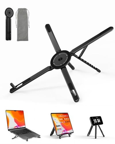 Viozon Portable Laptop Stand for Desk, Foldable Adjustable Computer Riser with Magnetic Phone Holder, Aluminum Laptop Stand for 10–16” Laptops & 4–13” Phones/Tablets (Black) - Image 4