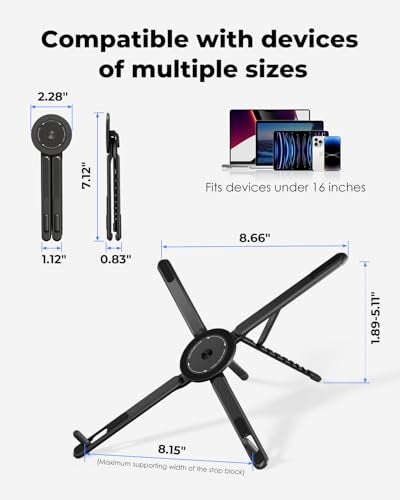 Viozon Portable Laptop Stand for Desk, Foldable Adjustable Computer Riser with Magnetic Phone Holder, Aluminum Laptop Stand for 10–16” Laptops & 4–13” Phones/Tablets (Black) - Image 3
