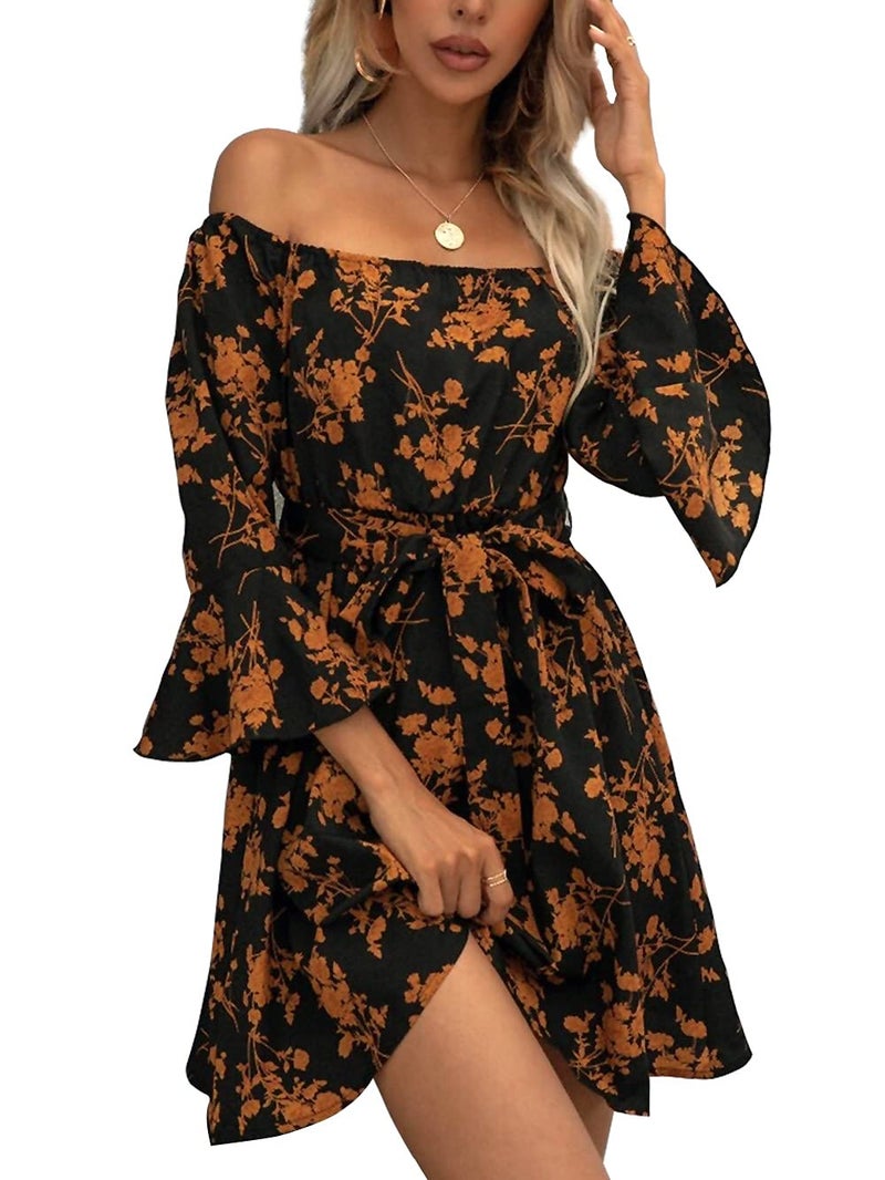 JECEIKA Womens Off Shoulder Dress Ruffle Floral Fall Wedding Guest Dresses 2025 A Line Tied Belted Short Skater Dress, Caramel, Medium - Image 1