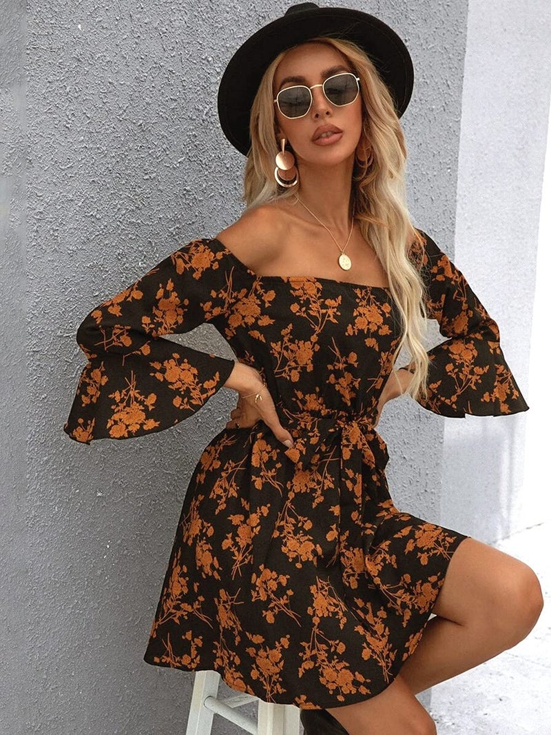 JECEIKA Womens Off Shoulder Dress Ruffle Floral Fall Wedding Guest Dresses 2025 A Line Tied Belted Short Skater Dress, Caramel, Medium - Image 3