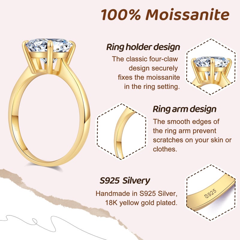 Elio Passero 1CT Round Moissanite Engagement Rings for Women,Women's Solitaire Engagement Moissanite Promise Rings 925 Sterling Silver with 18K Yellow Gold Plated,VVS1 Moissanite Ring Size 7 - Image 3
