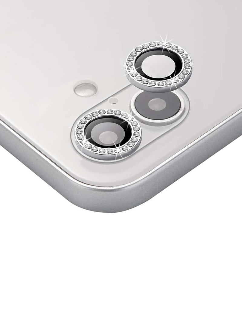 Wtech Apple iPhone 16 / iPhone 16 Plus 2024 Premium Luxury Diamond Chrome Alloy Ring Camera Lens Tempered Glass Protector Shield (MLHICL) - Clear/White - Image 1