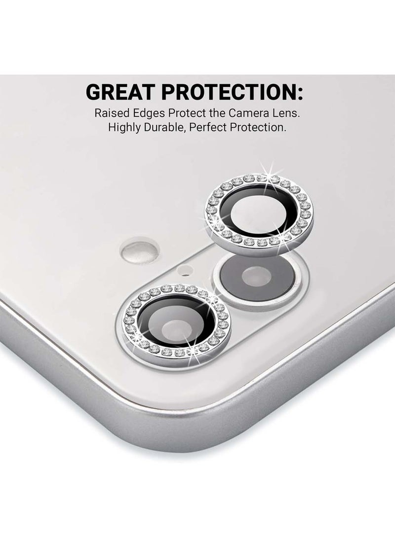 Wtech Apple iPhone 16 / iPhone 16 Plus 2024 Premium Luxury Diamond Chrome Alloy Ring Camera Lens Tempered Glass Protector Shield (MLHICL) - Clear/White - Image 2