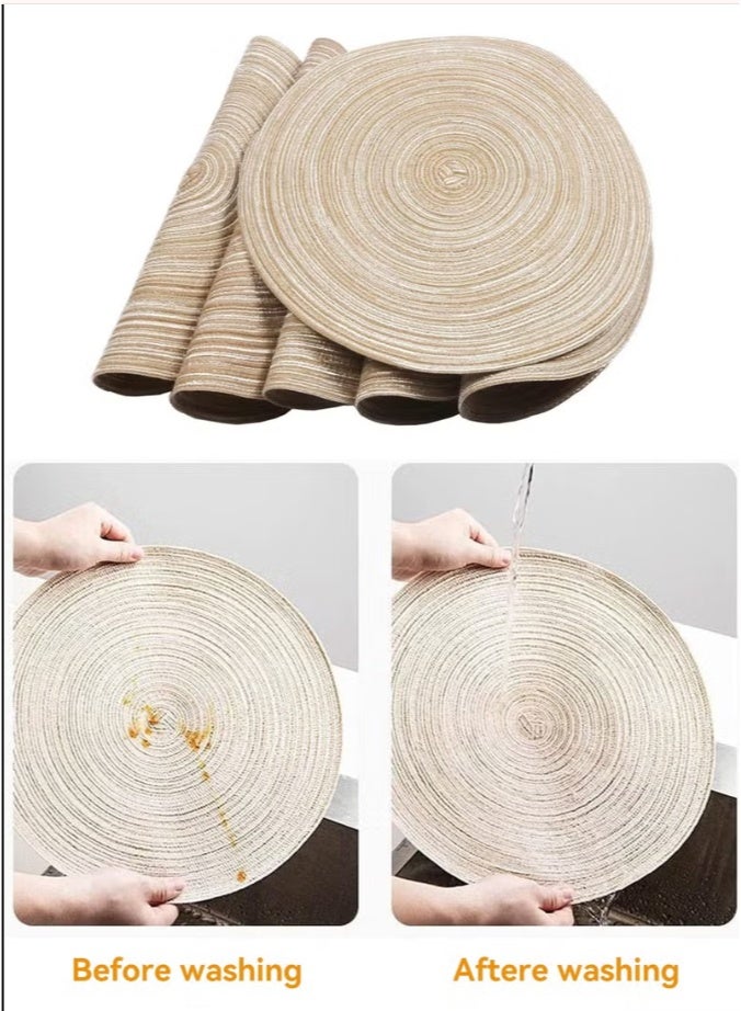 مجموعة من 6 مفارش طاولة دائرية منسوجة مقاومة للحرارة ومضادة للانزلاق من البولي بروبيلين، لون بيج، مقاس 38 سم - Image 3