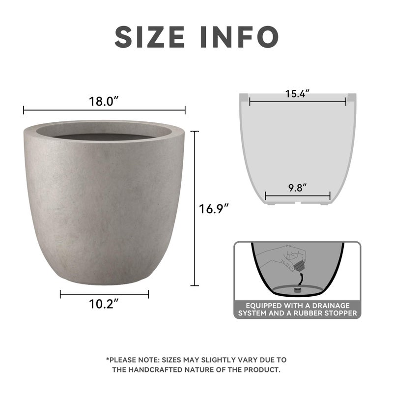 Kante 18 Inch Diameter Round Concrete Planter, Indoor Outdoor Large Plant Pot with Drainage Hole and Rubber Plug for Home Patio Garden, Buff Concrete - Image 2