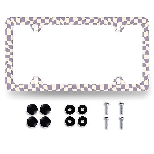 MUAWUOIK Purple Checkerboard License Plate Frame Colorful Checkered Mosaic Elements License Plate Personalise Stainless Steel Auto Parts Funny License Plate Decoration Screws 12.3" x 6.3" - Image 1