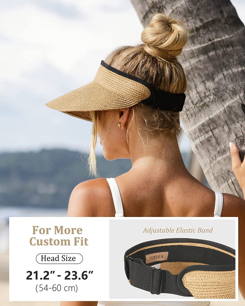 FURTALK Womens Sun Visor Hat Straw Sun Visors for Women Summer Packable Ponytail Beach Hats for Women Travel UPF 80+ Khaki - Image 3