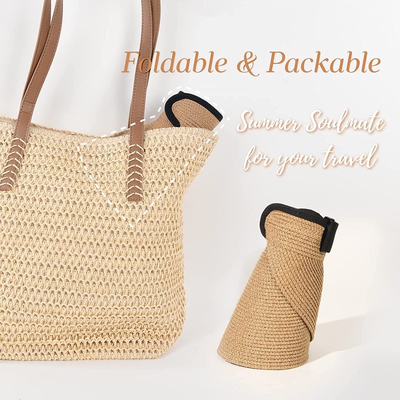 FURTALK Womens Sun Visor Hat Straw Sun Visors for Women Summer Packable Ponytail Beach Hats for Women Travel UPF 80+ Khaki - Image 4