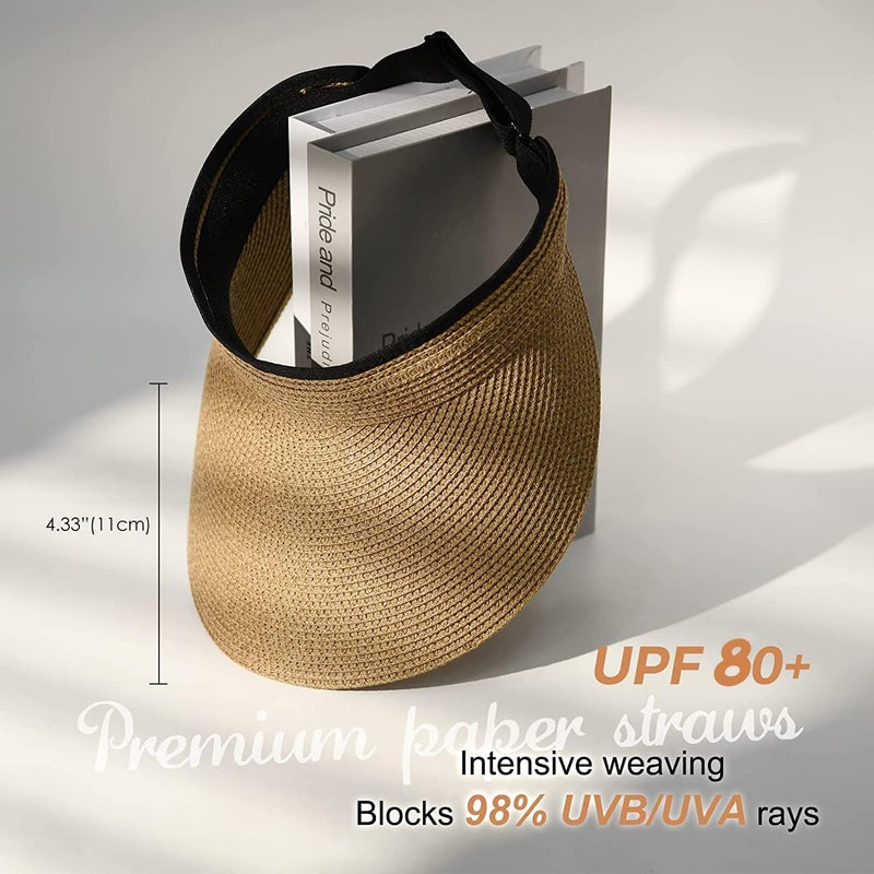 FURTALK Womens Sun Visor Hat Straw Sun Visors for Women Summer Packable Ponytail Beach Hats for Women Travel UPF 80+ Khaki - Image 2