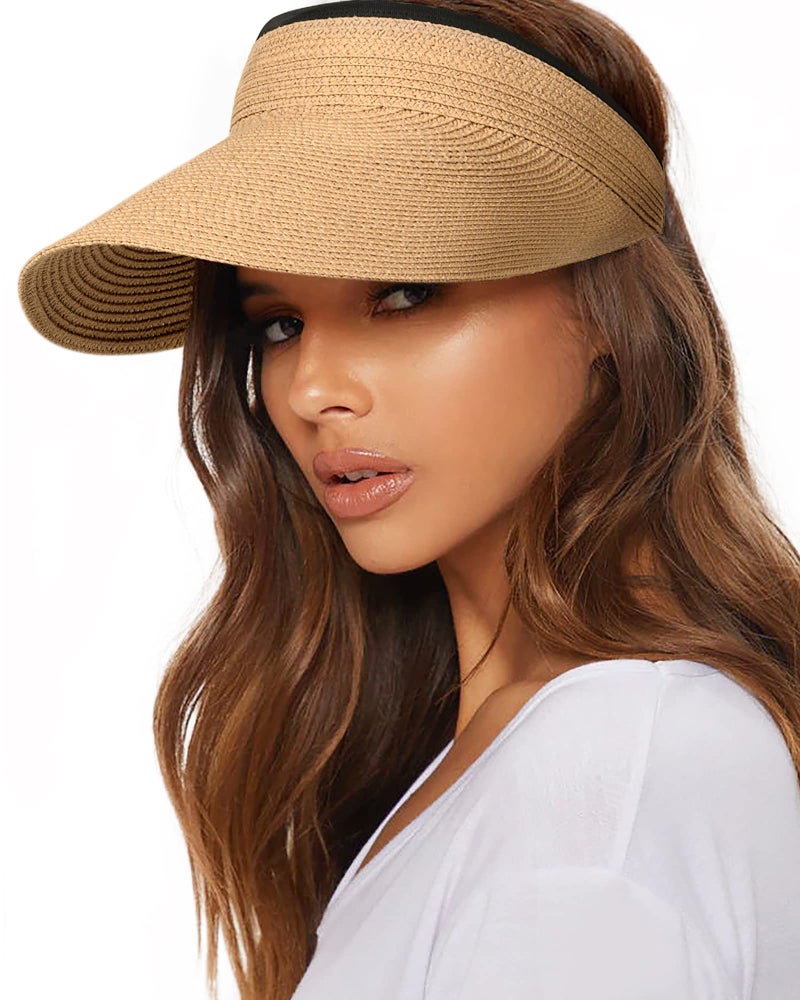 FURTALK Womens Sun Visor Hat Straw Sun Visors for Women Summer Packable Ponytail Beach Hats for Women Travel UPF 80+ Khaki - Image 1