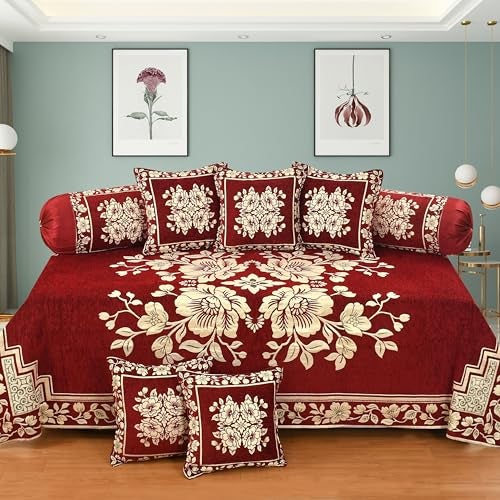 Dazzling DECOR Maroon Velvet Diwan Set 8 Pieces (1 Bedsheet + 2 Bolster Covers + 5 Cushion Covers) | Soft Luxury Sofa Cum Bed Cover Set | Washable Home Décor Bedding Set (Maroon Diwan Set) - Image 1