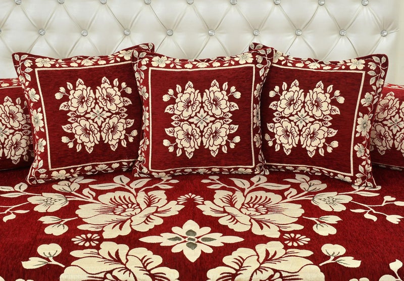 Dazzling DECOR Maroon Velvet Diwan Set 8 Pieces (1 Bedsheet + 2 Bolster Covers + 5 Cushion Covers) | Soft Luxury Sofa Cum Bed Cover Set | Washable Home Décor Bedding Set (Maroon Diwan Set) - Image 2