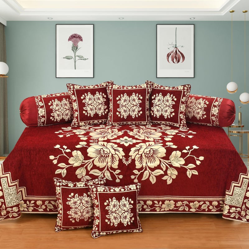 Dazzling DECOR Maroon Velvet Diwan Set 8 Pieces (1 Bedsheet + 2 Bolster Covers + 5 Cushion Covers) | Soft Luxury Sofa Cum Bed Cover Set | Washable Home Décor Bedding Set (Maroon Diwan Set) - Image 5