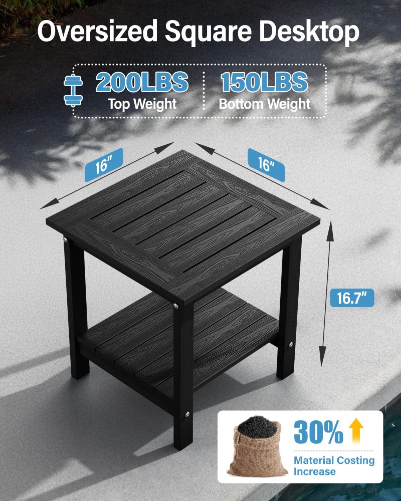 YEFU Outdoor Side Table for Patio: 16x16 in HIPS Square Outdoor End Table - 2-Tier Adirondack Tables for Patio Porch Poolside Living Room Beach Bedroom, Black - Image 2