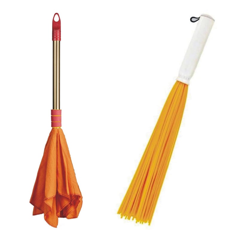 VIMAL Combo Set of TinTin 20 Inch Plastic Broom for Bathroom Wet Floor Cleaning Duster Dust Mop Hidensity Dusting Cloth with Handle Orange Colour Flannel Cloth Stick for HomeShopOffice Cleaning