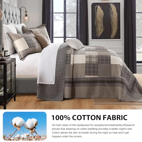 DDUOXIN Oversized King Bedspread 128" W x120 L - 100% Cotton Lightweight California King Quilt with 2 Pillow Shams, Farmhouse Plaid Reversible Bedspreads Coverlet Set, Brown/Beige/Dark Gray/Light Gray - Image 3