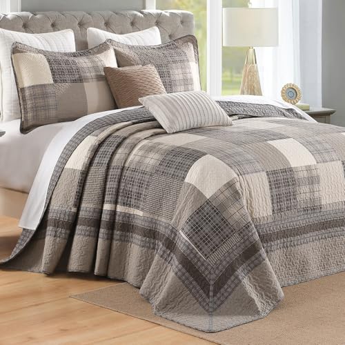 DDUOXIN Oversized King Bedspread 128" W x120 L - 100% Cotton Lightweight California King Quilt with 2 Pillow Shams, Farmhouse Plaid Reversible Bedspreads Coverlet Set, Brown/Beige/Dark Gray/Light Gray - Image 1