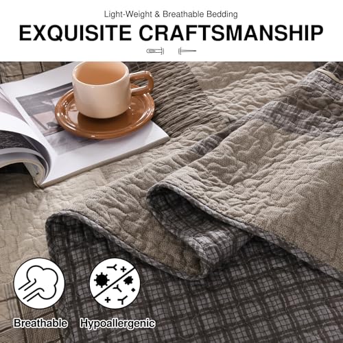 DDUOXIN Oversized King Bedspread 128" W x120 L - 100% Cotton Lightweight California King Quilt with 2 Pillow Shams, Farmhouse Plaid Reversible Bedspreads Coverlet Set, Brown/Beige/Dark Gray/Light Gray - Image 5