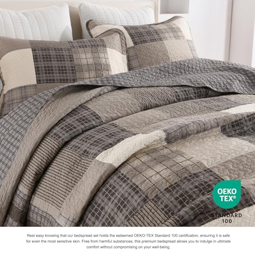 DDUOXIN Oversized King Bedspread 128" W x120 L - 100% Cotton Lightweight California King Quilt with 2 Pillow Shams, Farmhouse Plaid Reversible Bedspreads Coverlet Set, Brown/Beige/Dark Gray/Light Gray - Image 4