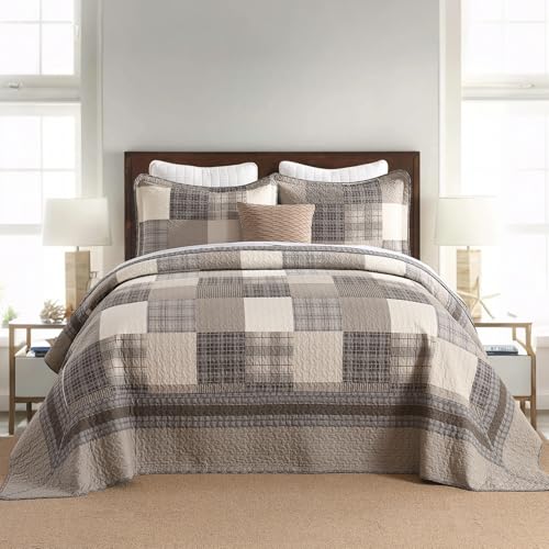 DDUOXIN Oversized King Bedspread 128" W x120 L - 100% Cotton Lightweight California King Quilt with 2 Pillow Shams, Farmhouse Plaid Reversible Bedspreads Coverlet Set, Brown/Beige/Dark Gray/Light Gray - Image 2