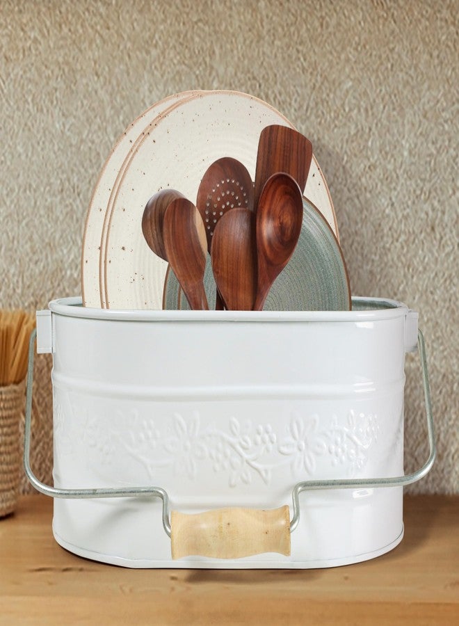 Light & Pro Lightnpro Galvanized Metal Utensil Caddy with Wooden Handle - Rustic Farmhouse Silverware Organizer for Parties & Kitchen Countertop - Chalk White Decor & Storage - Image 5