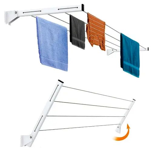 ERHETUS Heavy Duty Wall Mount Cloth Drying Stand Foldable Collapsible Cloth Dryer Hanger Metal Clothes Dry Rack for Home Balcony Indoor Outdoor with 40 Feet Rope and Fasteners 4 Tier - Image 2