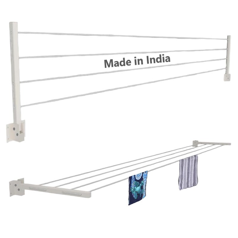 ERHETUS Heavy Duty Wall Mount Cloth Drying Stand Foldable Collapsible Cloth Dryer Hanger Metal Clothes Dry Rack for Home Balcony Indoor Outdoor with 40 Feet Rope and Fasteners 4 Tier - Image 1