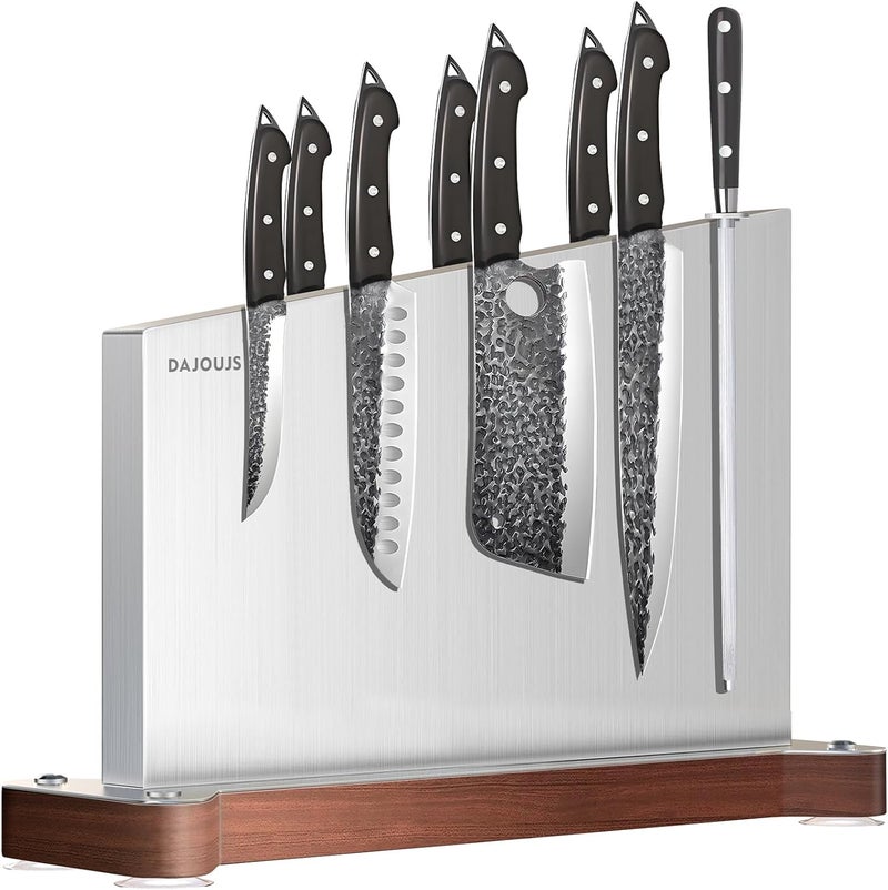 DAJOUJS Large Magnetic Knife Holder16.15 x 11 Inches, Double Sided Magnetic Knife Block Without Knives, Stainless Steel Knife Storage Rack for Kitchen Counter With Strong Magnet Stand & Wood Base - Image 1