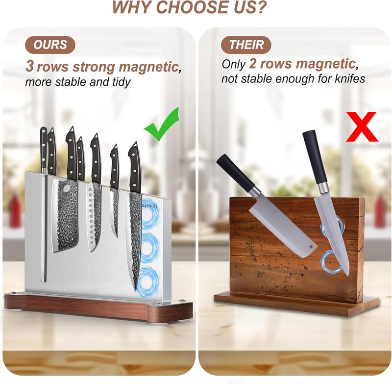 DAJOUJS Large Magnetic Knife Holder16.15 x 11 Inches, Double Sided Magnetic Knife Block Without Knives, Stainless Steel Knife Storage Rack for Kitchen Counter With Strong Magnet Stand & Wood Base - Image 3
