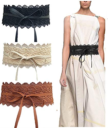Toptim Women's Belt Bow Tie Wrap Faux Leather Band Corset 3-Pack (Black-Coffee-Beige) - Image 1