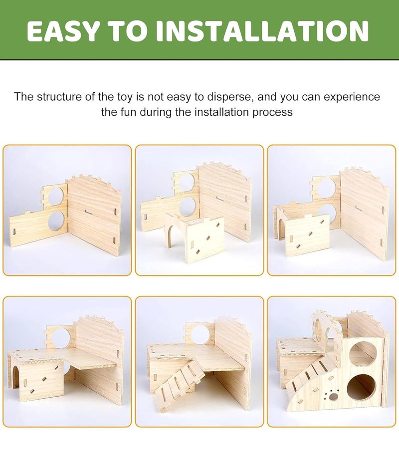 squishy بيت الهامستر، ألعاب الهامستر، بيت خنازير غينيا من الخشب الطبيعي، ملاذ متعدد المستويات للعب والراحة للحيوانات الأليفة الصغيرة، سهل التجميع والتنظيف - Image 4