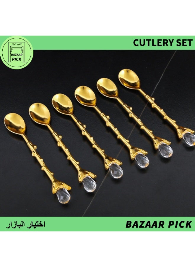 Luxury Crystal-Encrusted Dessert Spoon Set  - Shimmering Diamond Square Base with 6 Golden Spoons - Decorative Tableware for Ramadan, Party & Elegant Home Decor - Image 2