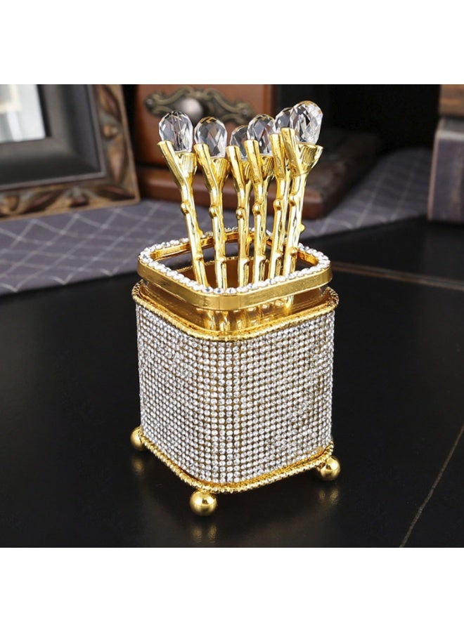 Luxury Crystal-Encrusted Dessert Spoon Set  - Shimmering Diamond Square Base with 6 Golden Spoons - Decorative Tableware for Ramadan, Party & Elegant Home Decor - Image 4