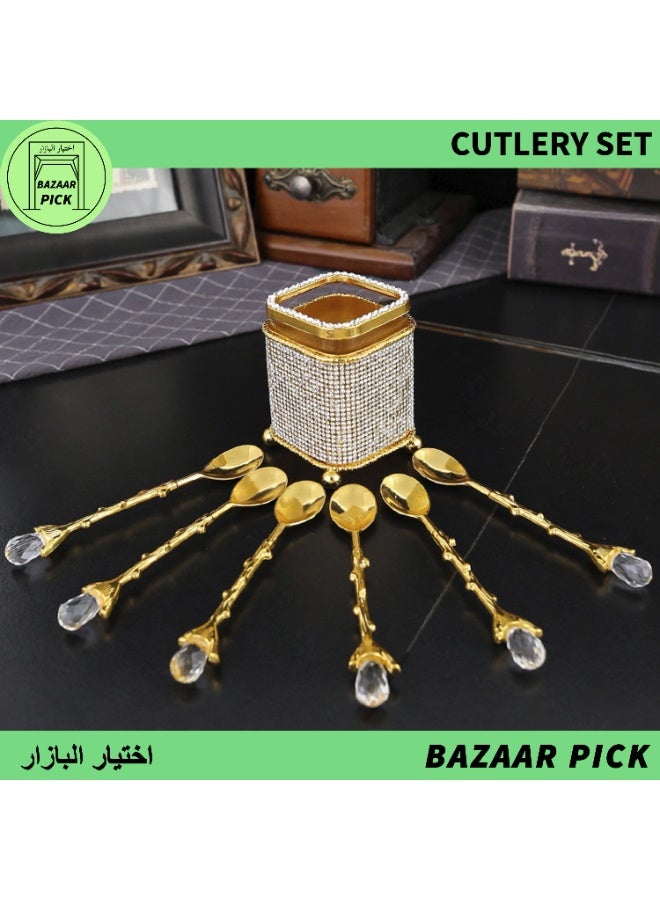 Luxury Crystal-Encrusted Dessert Spoon Set  - Shimmering Diamond Square Base with 6 Golden Spoons - Decorative Tableware for Ramadan, Party & Elegant Home Decor - Image 1