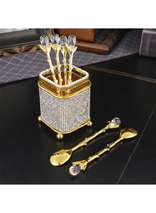Luxury Crystal-Encrusted Dessert Spoon Set  - Shimmering Diamond Square Base with 6 Golden Spoons - Decorative Tableware for Ramadan, Party & Elegant Home Decor - Image 3
