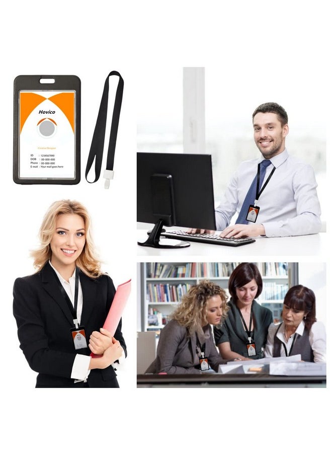 Hovico - Id Badge Holder With Lanyard Vertical Double Sided Transparent Id Card Holder School Card Holder Waterproof Name Badge Holder (Black) - Image 1
