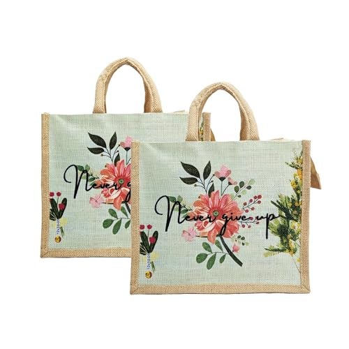 Sangra Multicolour Jute bag for Women and Men Lunch Bag with Zip and Handle (Small) (Pack of Two) (Never Give Up) - Image 1