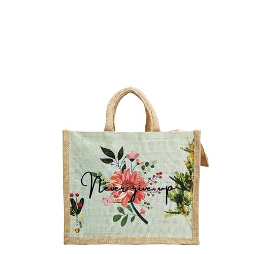 Sangra Multicolour Jute bag for Women and Men Lunch Bag with Zip and Handle (Small) (Pack of Two) (Never Give Up) - Image 4