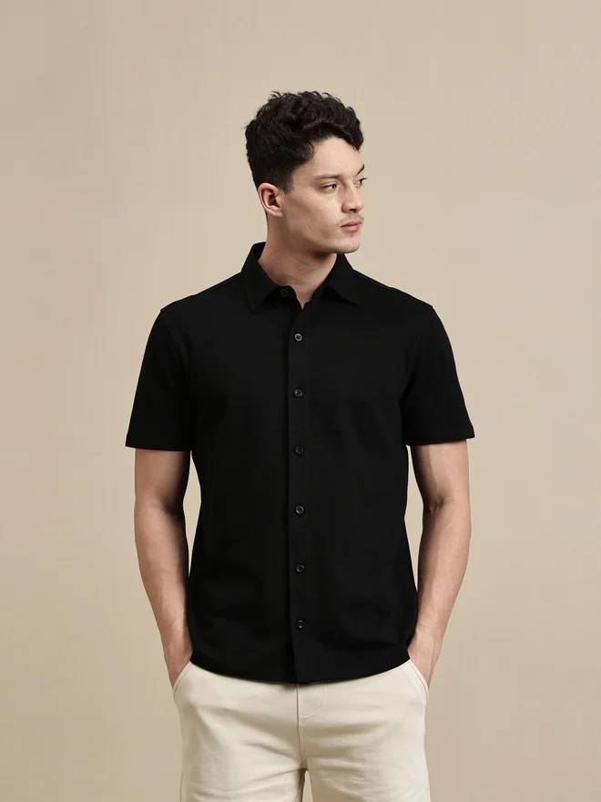 ECOLORE Men Black Solid Short Sleeve Regular Fit Shirt