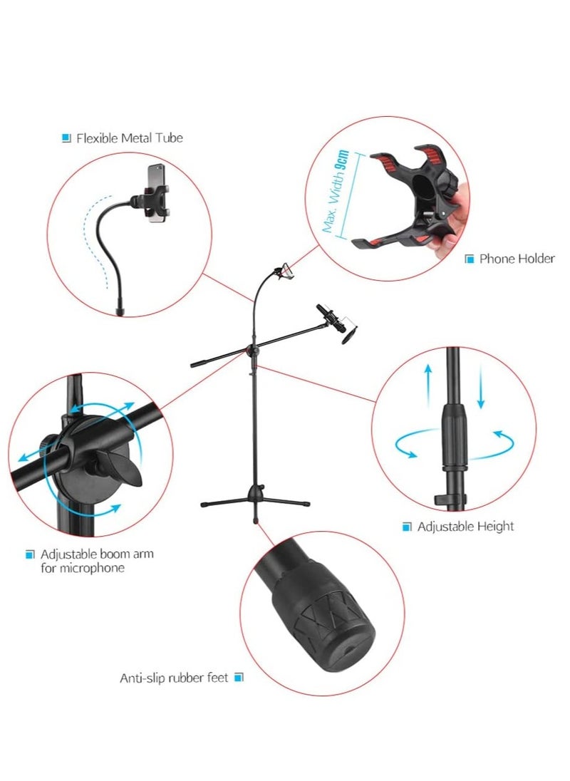 Metal Microphone Floor Stand Tripod Adjustable Height with Boom Arm 1 Mic Holders & 1 Smartphone Holder for Studio Outdoor Cellphone Live Streaming (2 in 1 microphone stand)